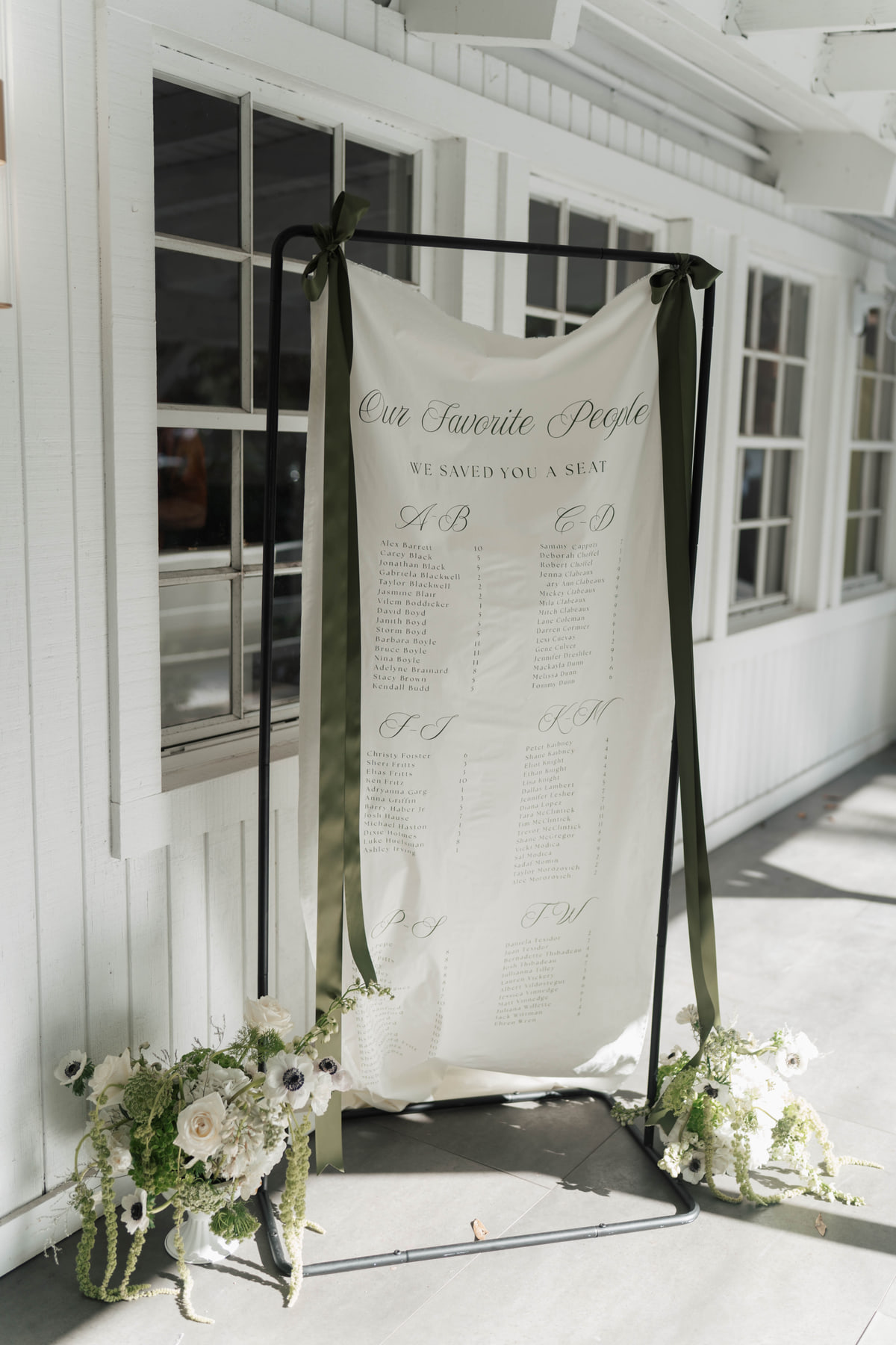 Wedding seating chart and florals at a destination-style venue