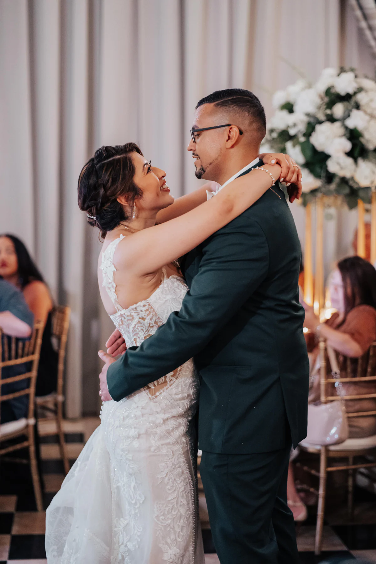 Alexandra and Freddie sharing their first dance on the checkered floor at Hotel El Convento