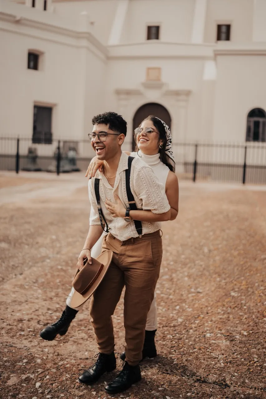 Engaged couple having fun.